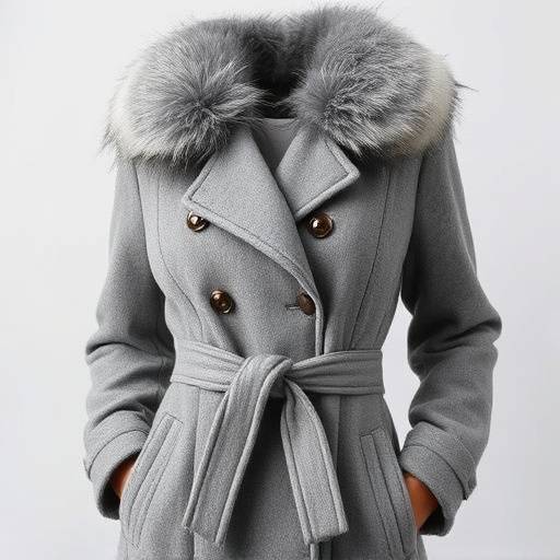 Abrigo de invierno para mujer color gris con cuello de piel sint&eacute;tica y cintur&oacute;n ajustable.