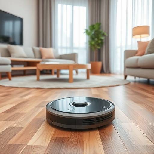 Aspiradora robot inteligente limpiando el suelo de una sala de estar