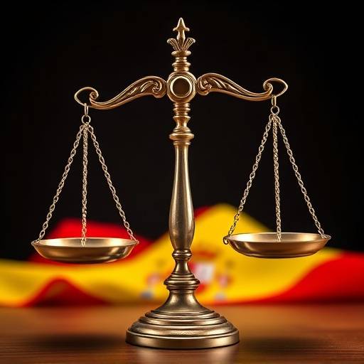 Balanza de la justicia y la bandera espa&ntilde;ola, simbolizando la ley aplicable y la jurisdicci&oacute;n.